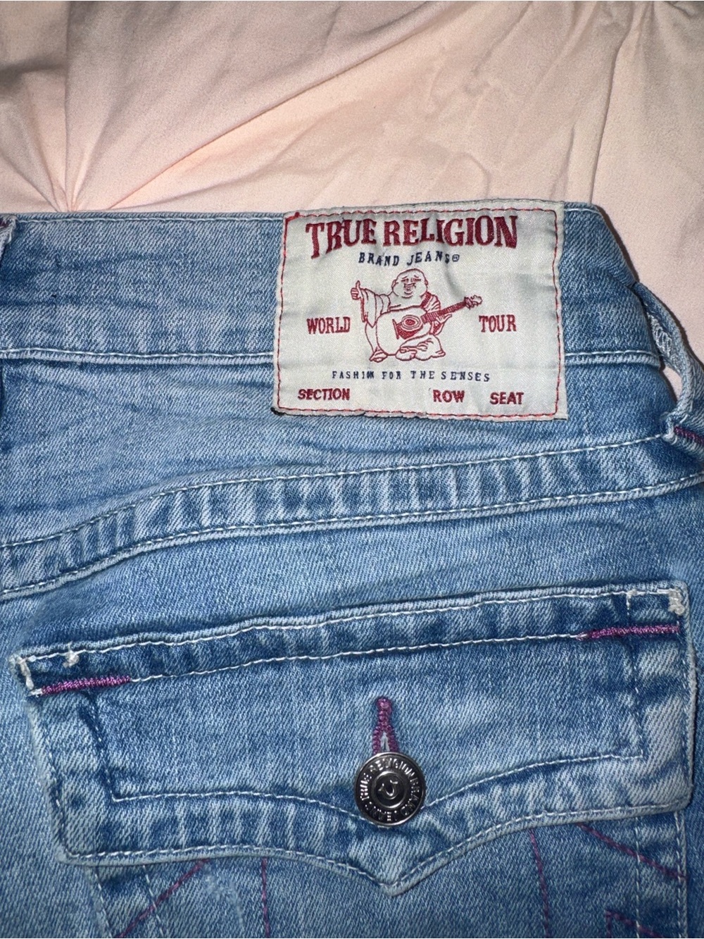 True Religion Light Blue Denim Jeans with Pink Stitching